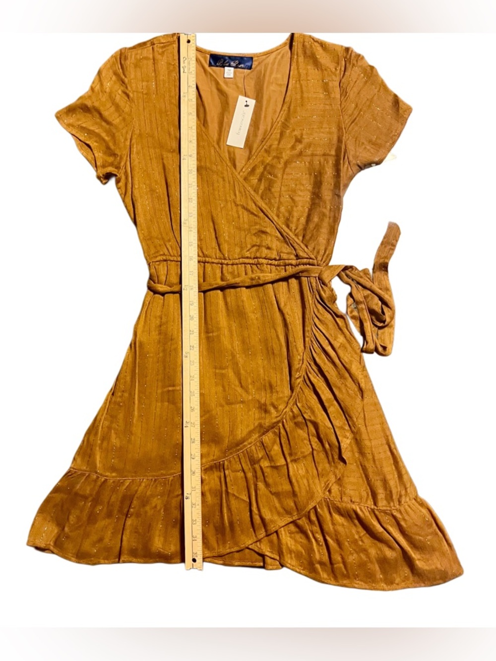 Francesca’s Blue Rain Rust Orange Faux Wrap Dress Elastic Waist Ruffle Hem Boho - Picture 6 of 9